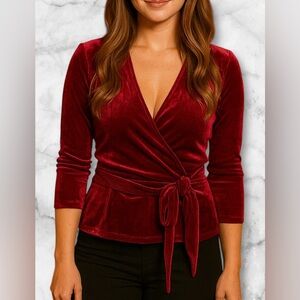 NWT Express Tie Front Velour Wrap Top Burgundy V Neck Size S